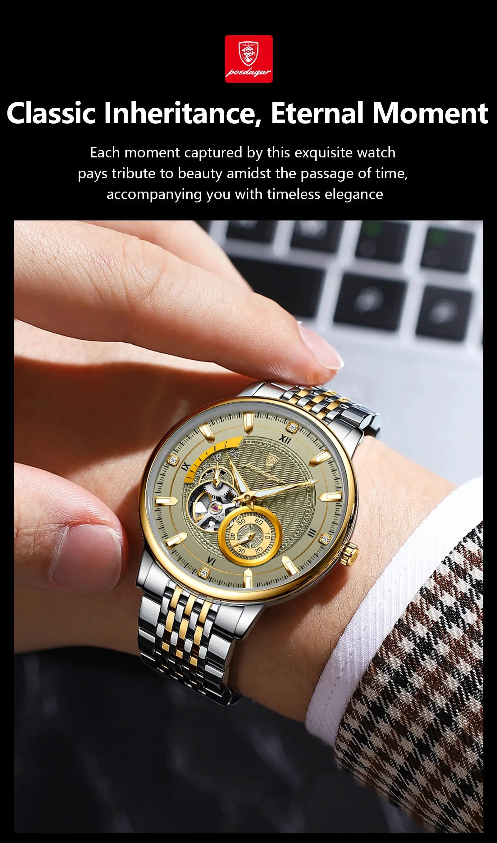 POEDAGAR luxury men's skeleton watch, two-tone stainless steel bracelet with gold bezel