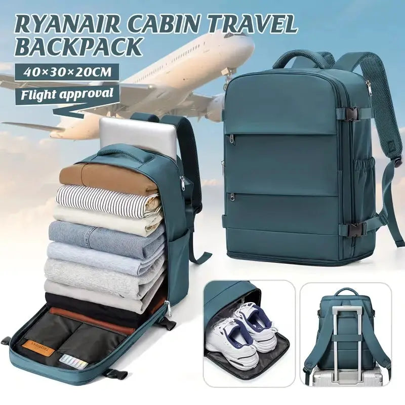 Ryanair cabin travel backpacks by Simples Market, teal waterproof carry-ons with laptop sleeve, two bags shown
