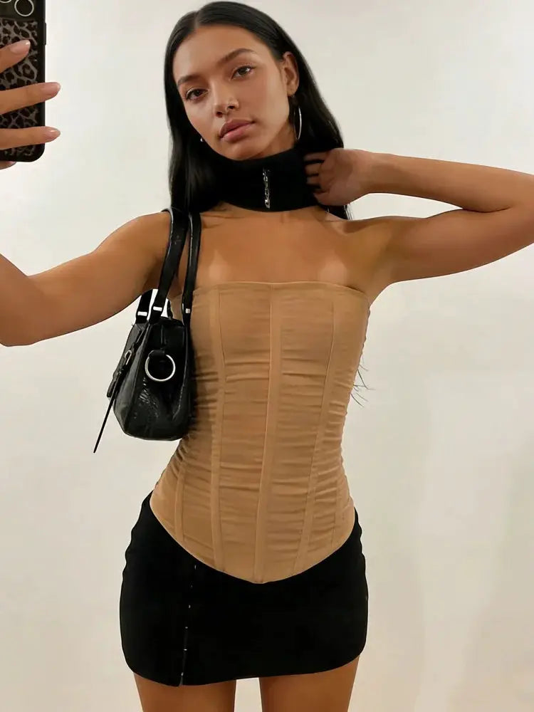 Tossy Mesh Backless Summer Vest Elegant Luxury Patchwork Strapless Slim Streetwear Y2K Tank Top