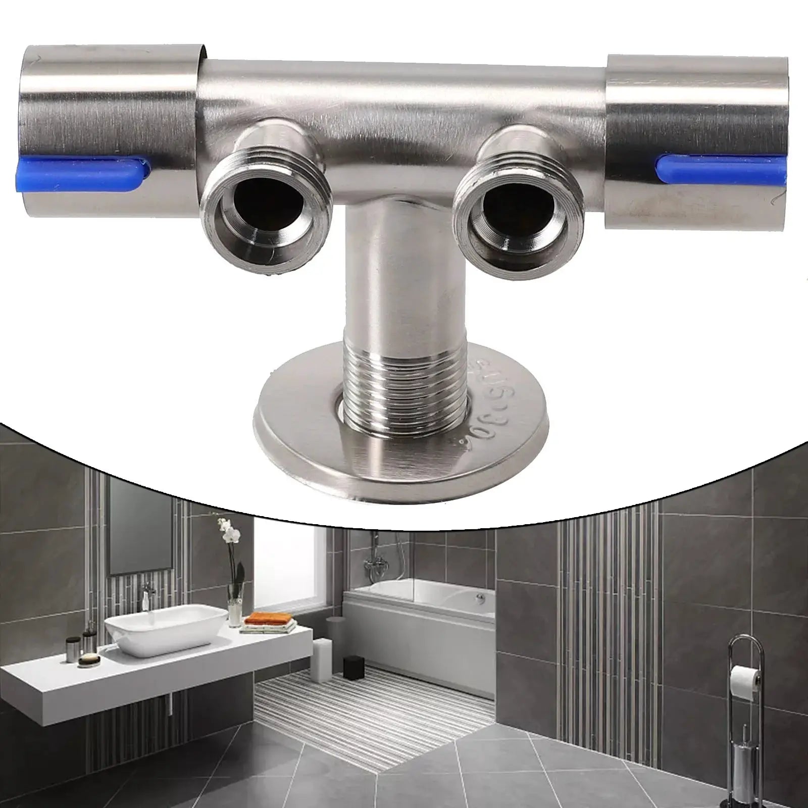 Double-handle stainless steel cold water faucet for bathroom and washing machine; chrome finish with dual inlet fittings.