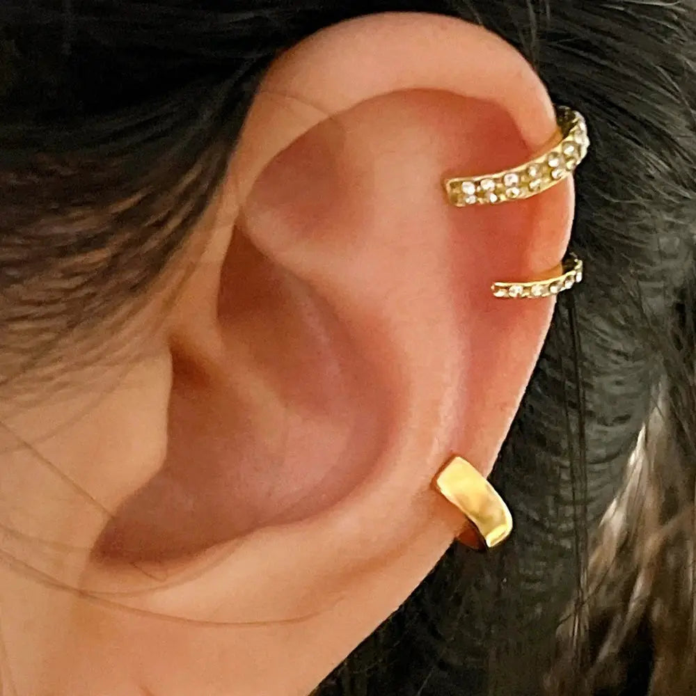 Gold-tone crystal ear cuff set for women; 3-piece non-piercing cartilage clip earrings.