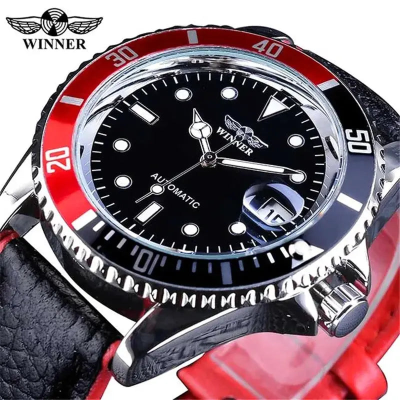 Winner 002 Automatic Mechanical Wristwatch Luminous Hands And Date Display Stainless Steel And Leather Strap For Men