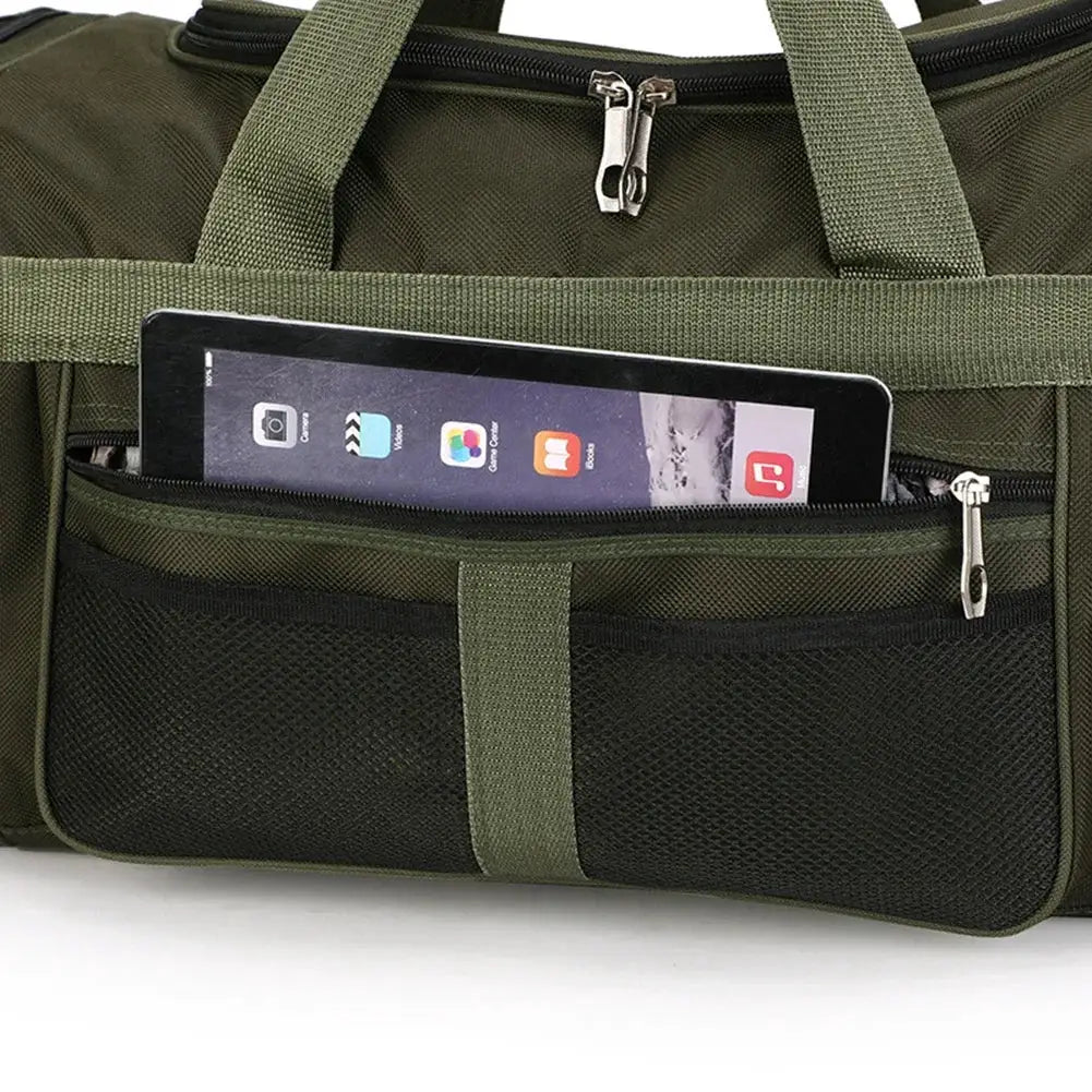 Dry-wet separation gym bag in olive green with large front zip pocket and tablet visible