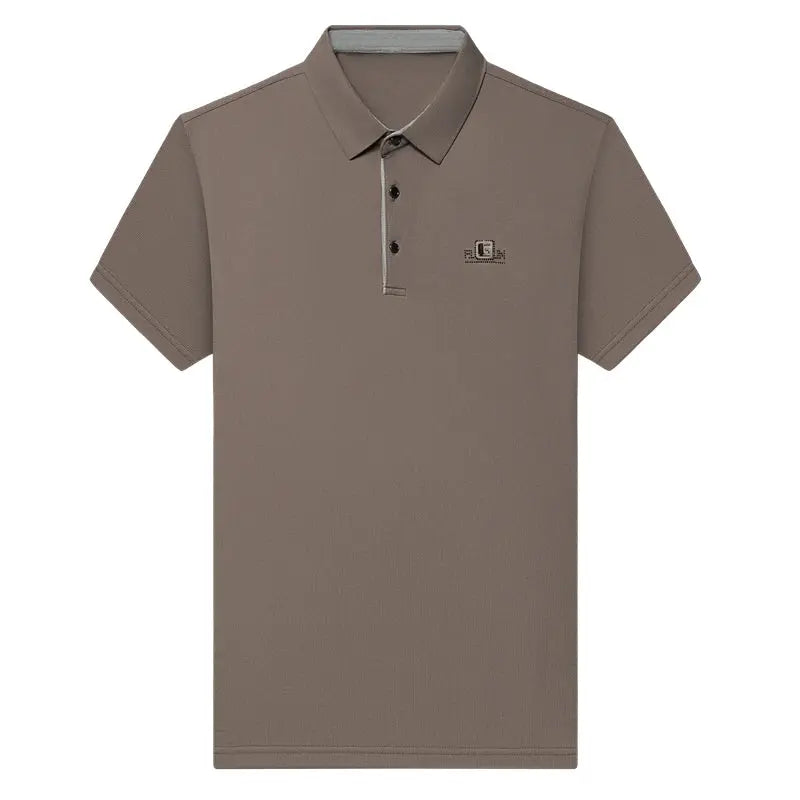 Simples Market men's taupe polo shirt with badge, short sleeves, breathable business casual top