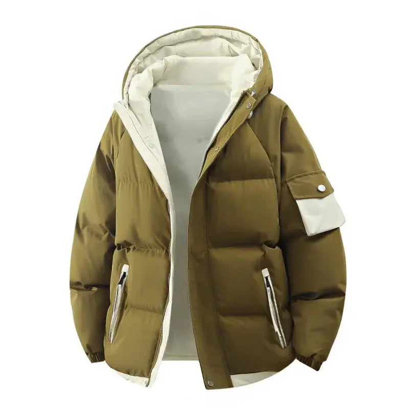 Men's hooded puffer jacket in olive-brown with cream lining and zip pockets