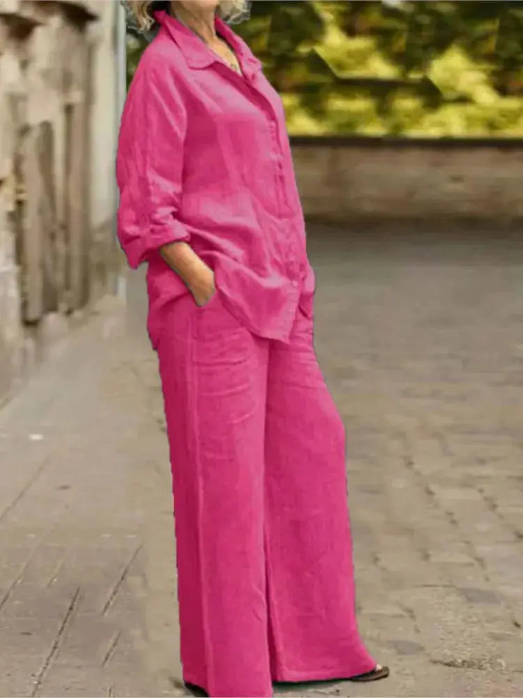 Cotton Linen Shirt Two Piece Set For Women With Wide Leg Trousers