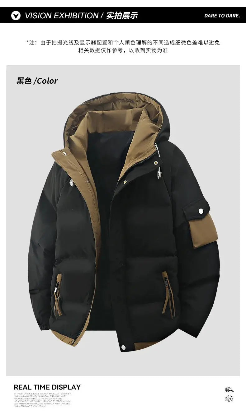 Simples Market men's hooded down jacket, black with tan trim, windproof winter coat