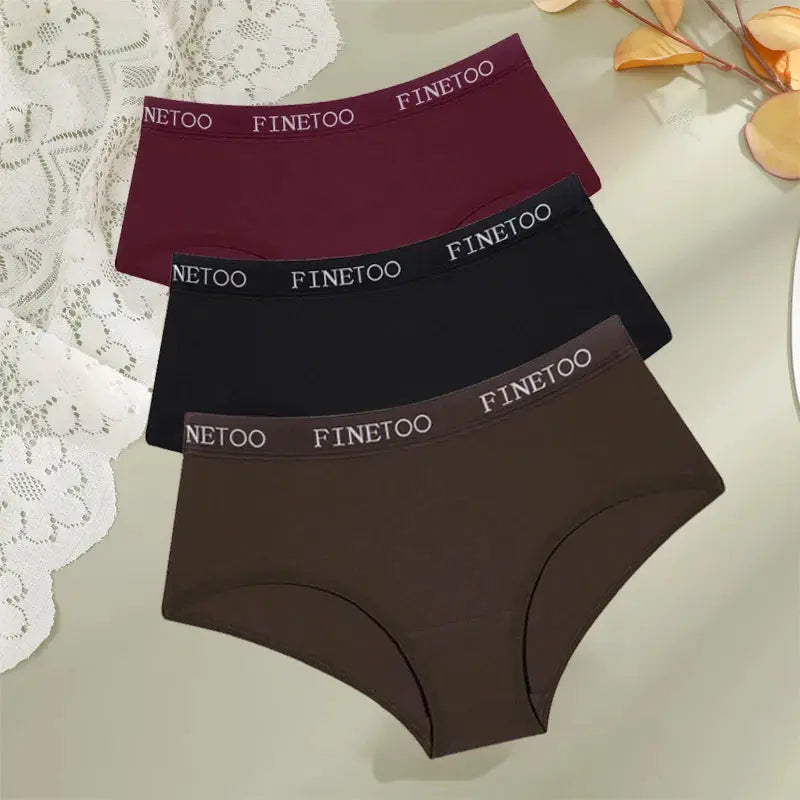 FINETOO 3-pack cotton women's low-rise briefs in burgundy, black and brown with branded elastic waistband