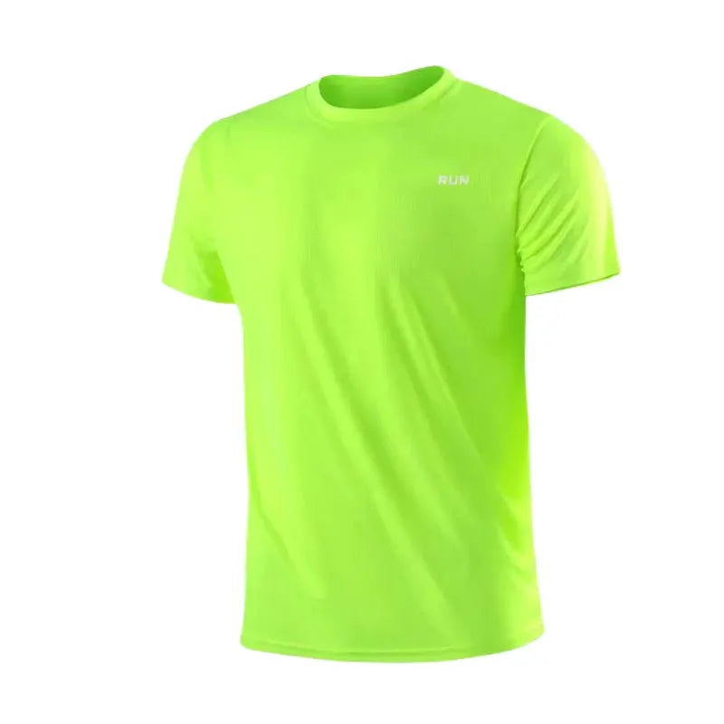 Men's quick-dry short-sleeve T-shirt in neon green by Simples Market with RUN logo