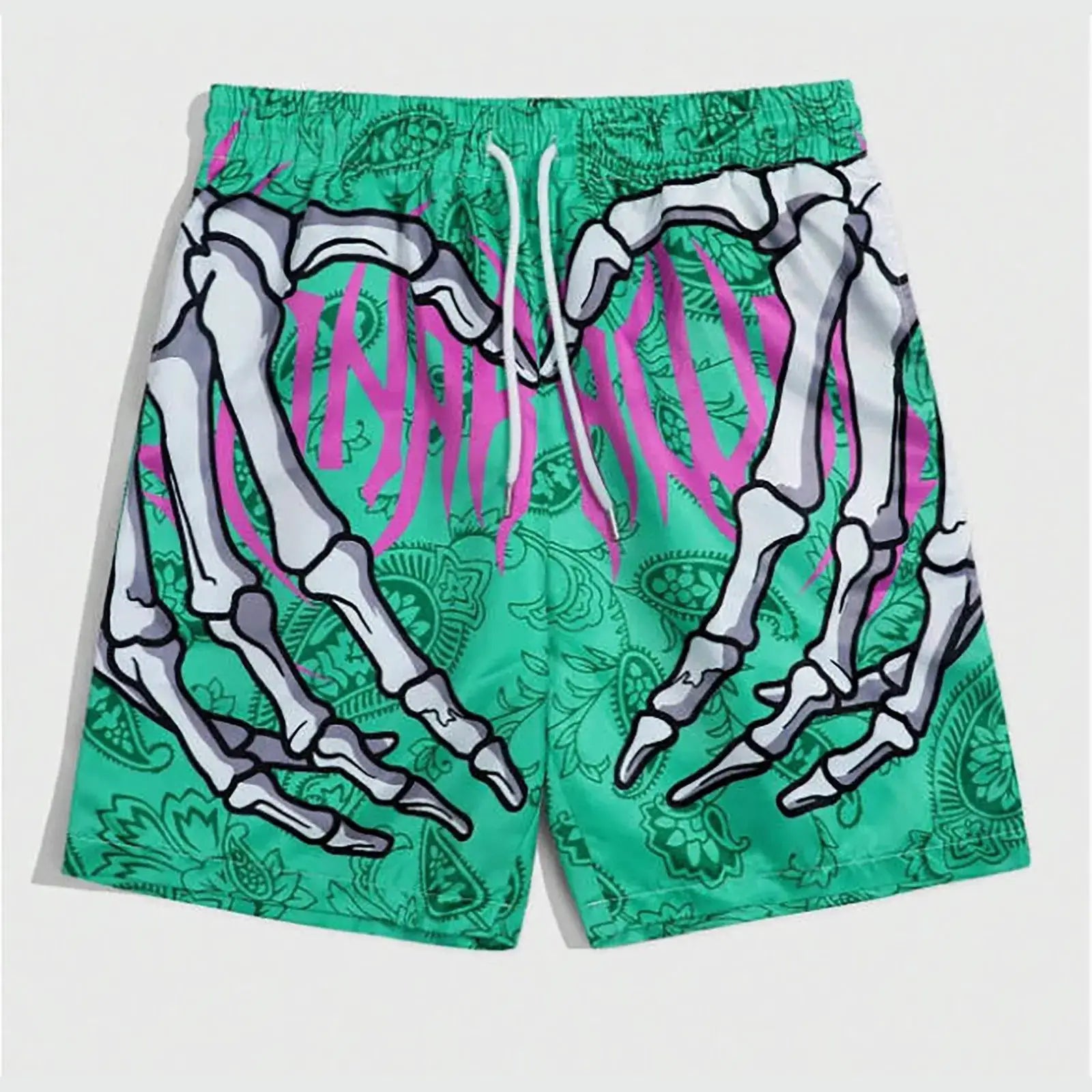 Elastic waist green board shorts with white skeleton print and pink stripes for men, drawstring waistband
