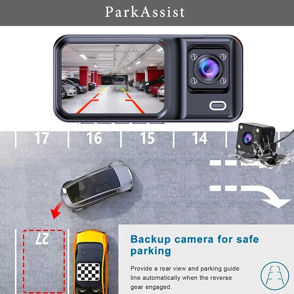 3-channel dash cam with rear-view camera; two-camera setup in black, 1080p car DVR kit