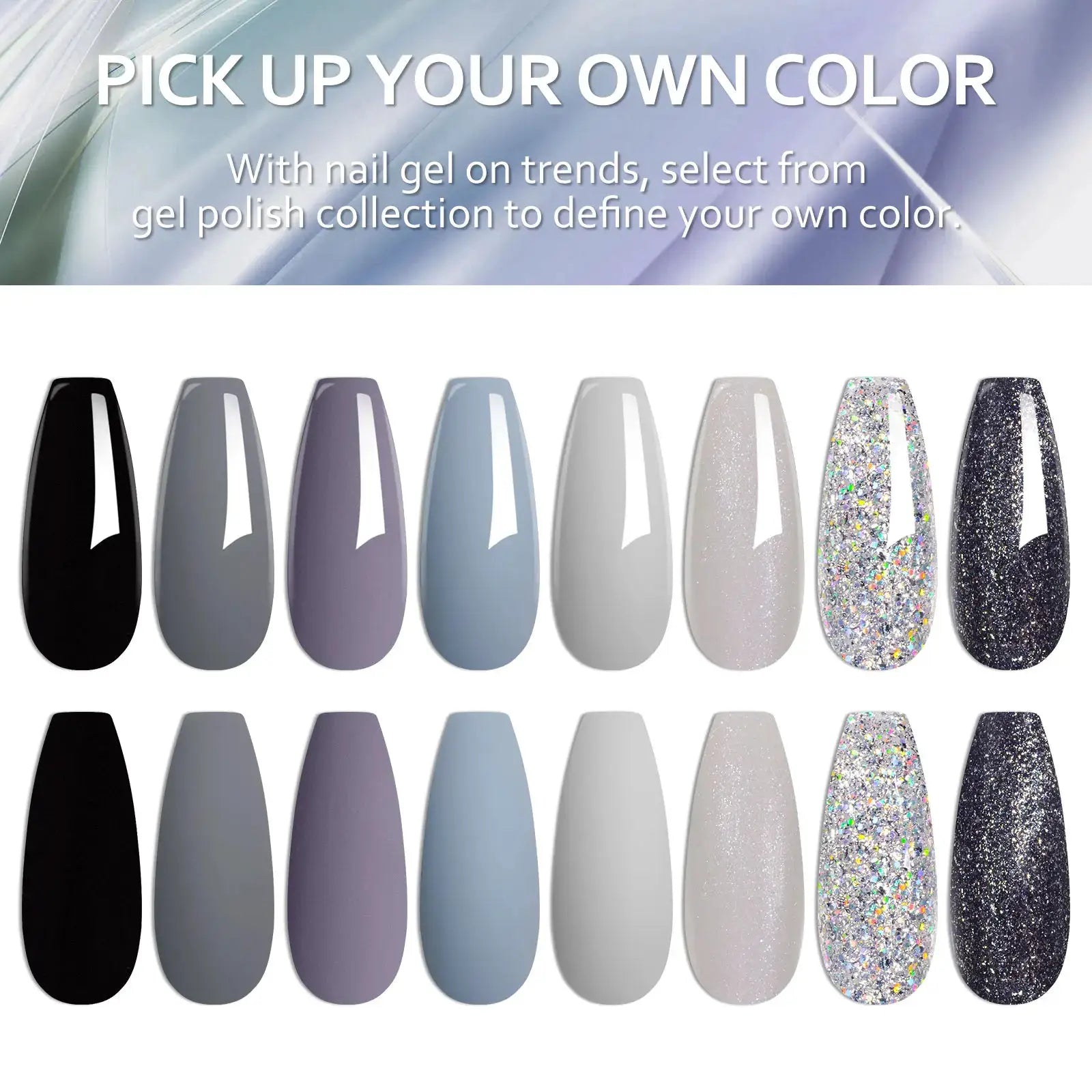 Simples Market gel nail polish swatches gallery showing black, greys, blue, nude and glitter autumn shades