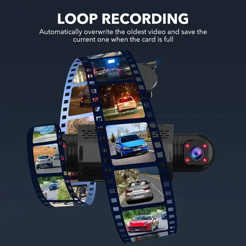 Car dash cam by Simples Market, black 4-channel FHD 1080p with night vision and loop recording