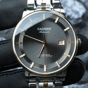 CADISEN automatic wristwatch with rose-gold case, silver bracelet, gray sunburst dial, date at 3, Miyota 9015 movement