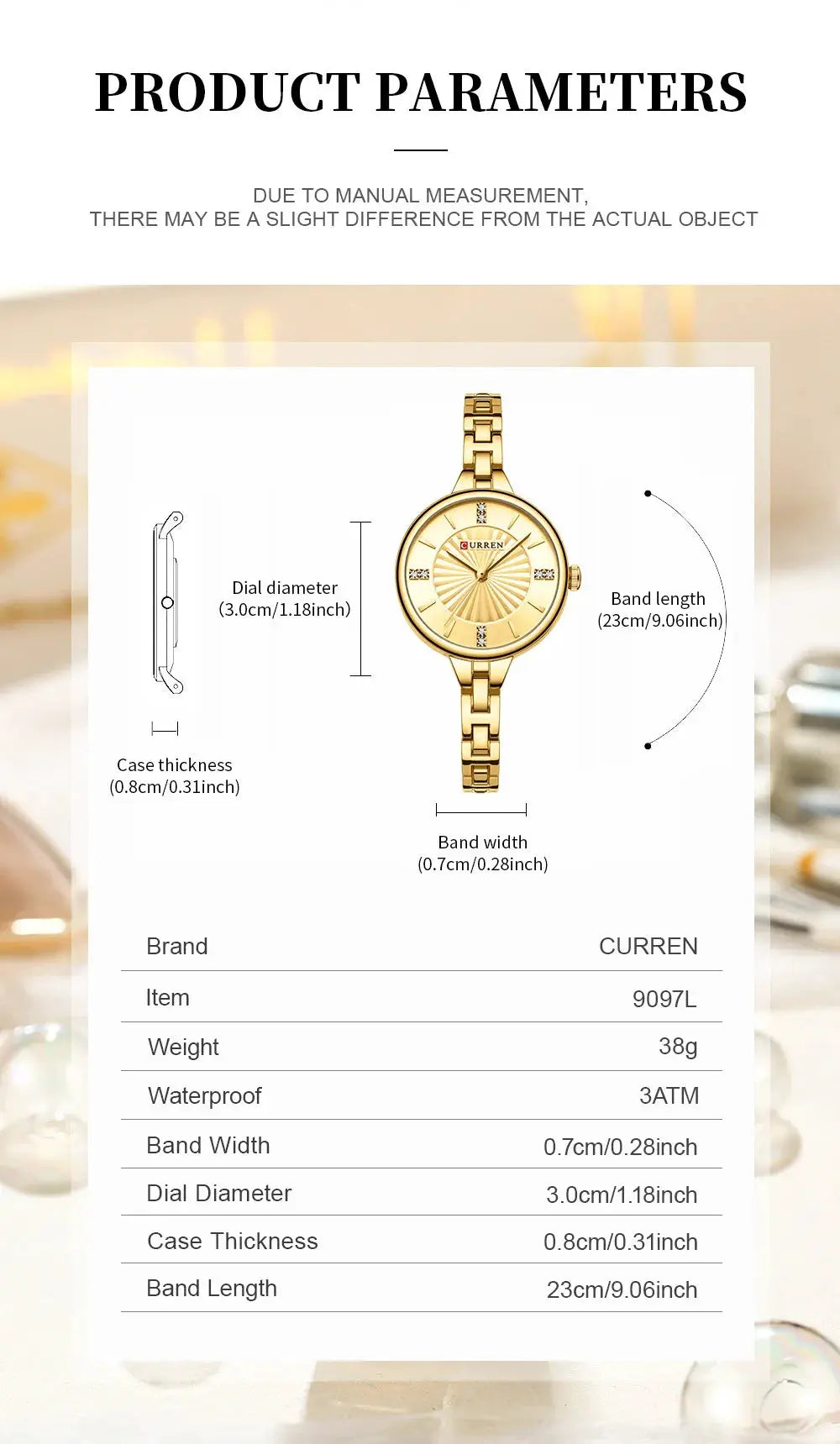 Curren women's gold-tone quartz watch with stainless steel band, water resistant 3ATM