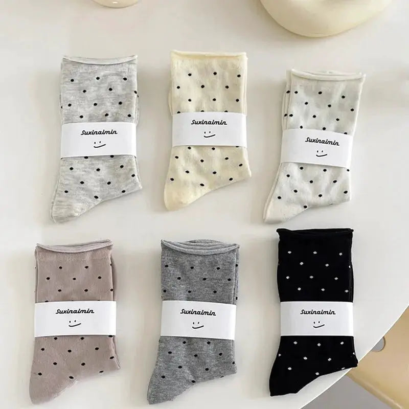 Vintage Cream Curled Edge Polka Dot Mid Tube Socks for Women Spring Summer Artistic Socks