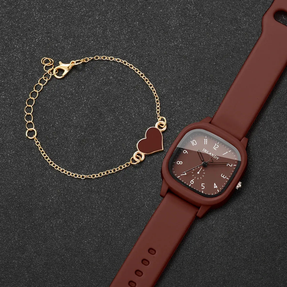 2-piece brown square silicone watch and gold-tone heart bracelet set for women; IRLANDY dial