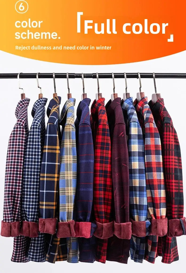 Men's plaid flannel shirts on a rack in assorted colors; 12 shirts
