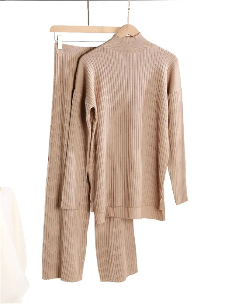 CozyNest Autumn Winter Two Piece Knitted Tracksuit Set With Turtleneck Sweater And Wide Leg Joggers For Women