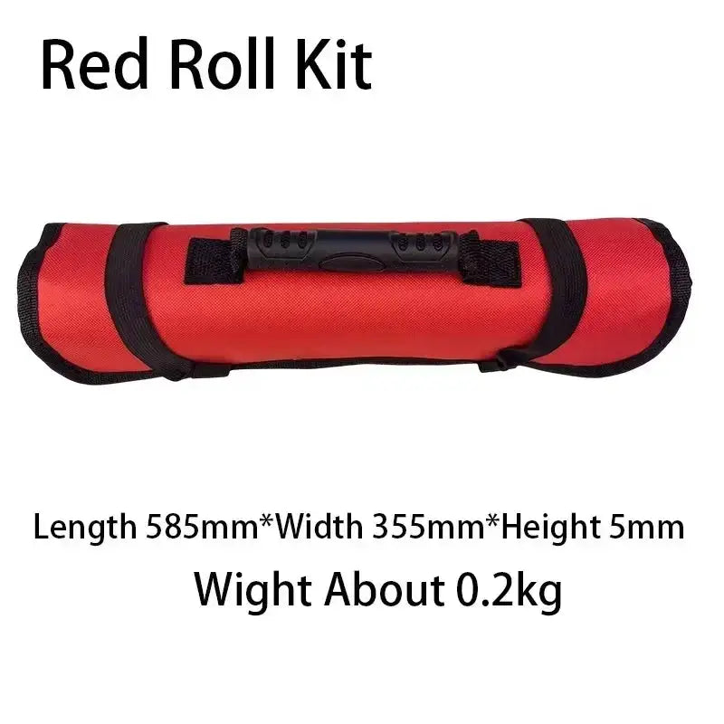 Red Oxford canvas roll tool bag with black carrying handles; 585mm x 355mm x 5mm, 0.2kg