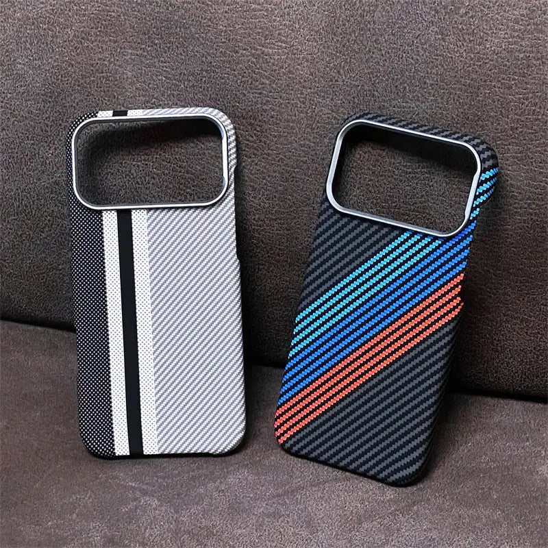 iPhone MagSafe case duo in carbon fiber pattern; white striped and black with blue-red diagonal accents
