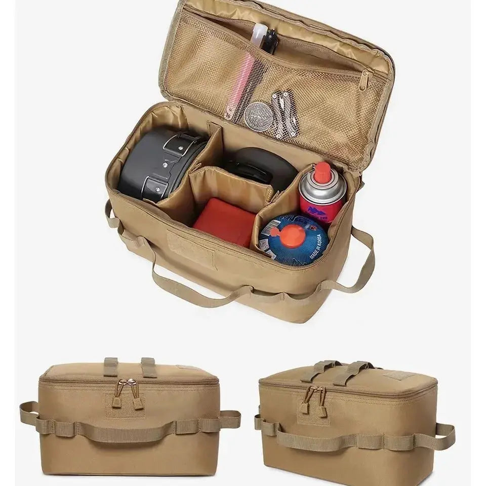 Large-capacity outdoor camping storage bag by Simples Market in khaki; ground-nail tool bag with utensil kit.