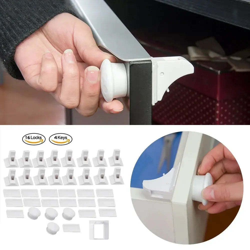 White magnetic child safety lock for cabinets and drawers; invisible latch with 16 locks and 4 keys.