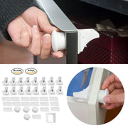 White magnetic child safety lock for cabinets and drawers; invisible latch with 16 locks and 4 keys.