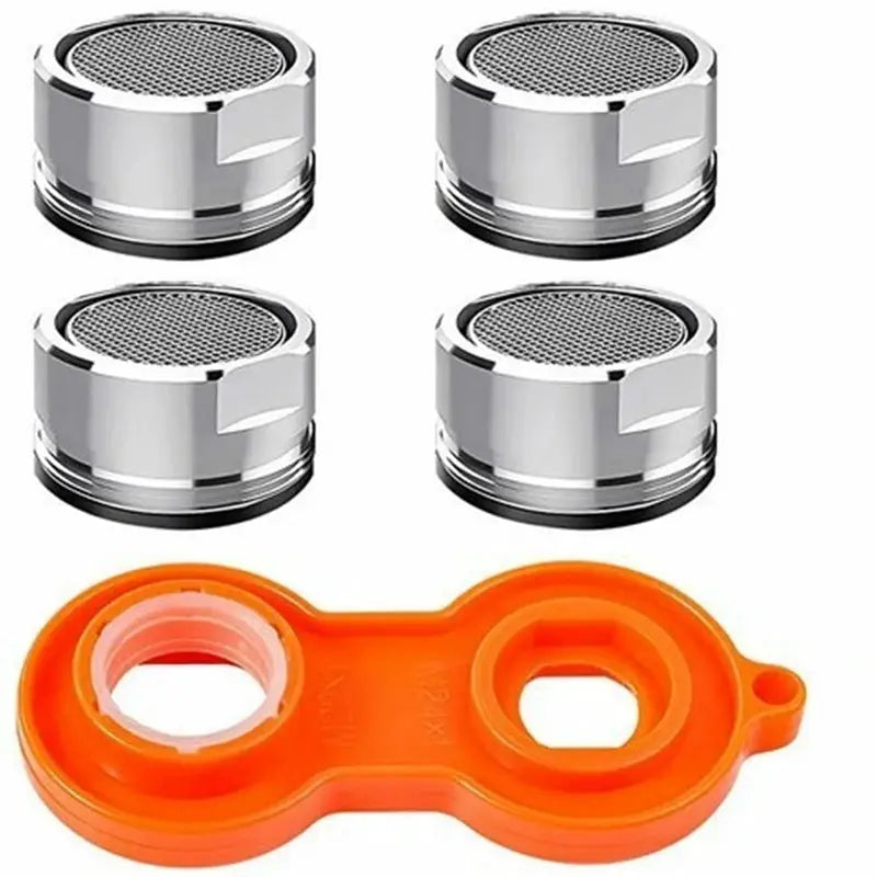 Simples Market brass faucet aerator set: four chrome bubblers with 24mm thread and an orange removal tool