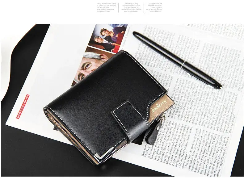Baellerry short luxury men's wallet in black leather with zipper coin pocket