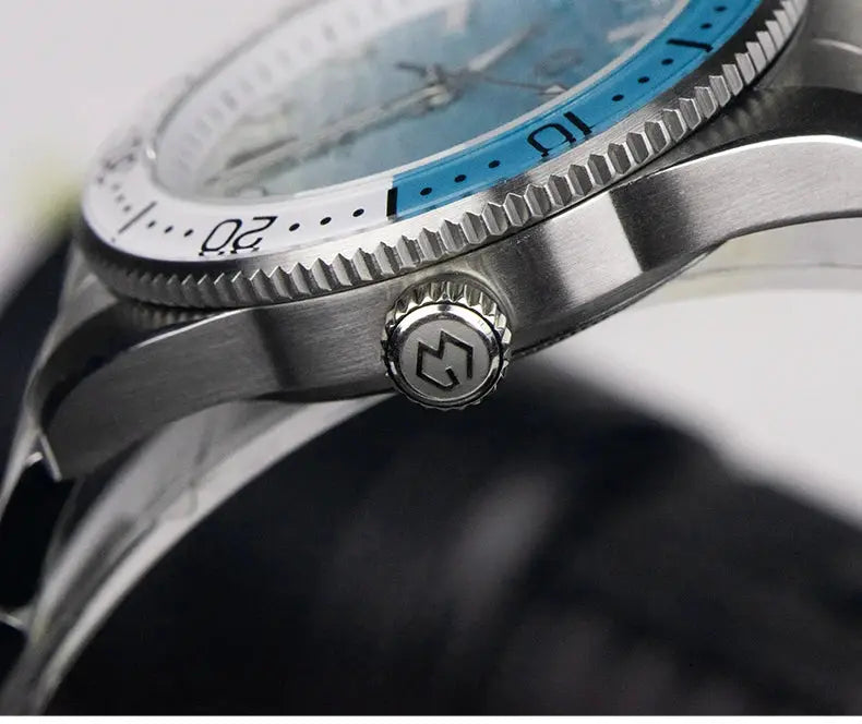 WISHDOIT men's automatic dive watch with ocean blue/white ripple dial, stainless steel case, M logo crown