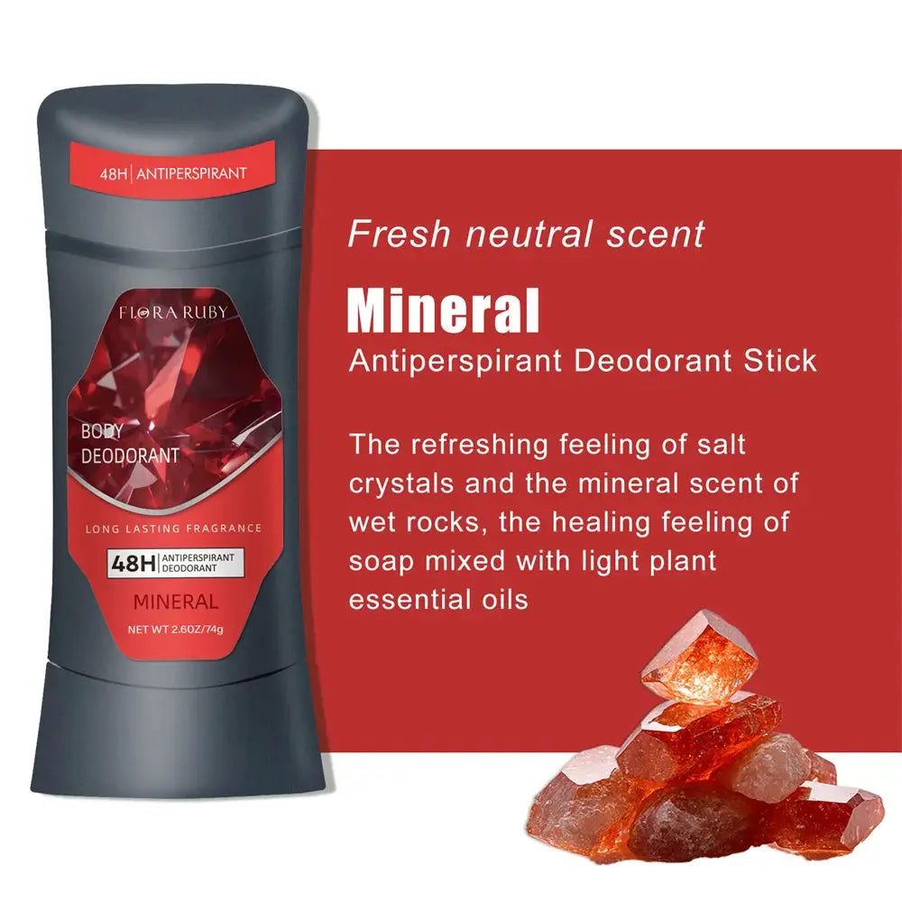 Mineral Antiperspirant Deodorant Stick by Simples Market, 74g, dark blue container with red crystal label