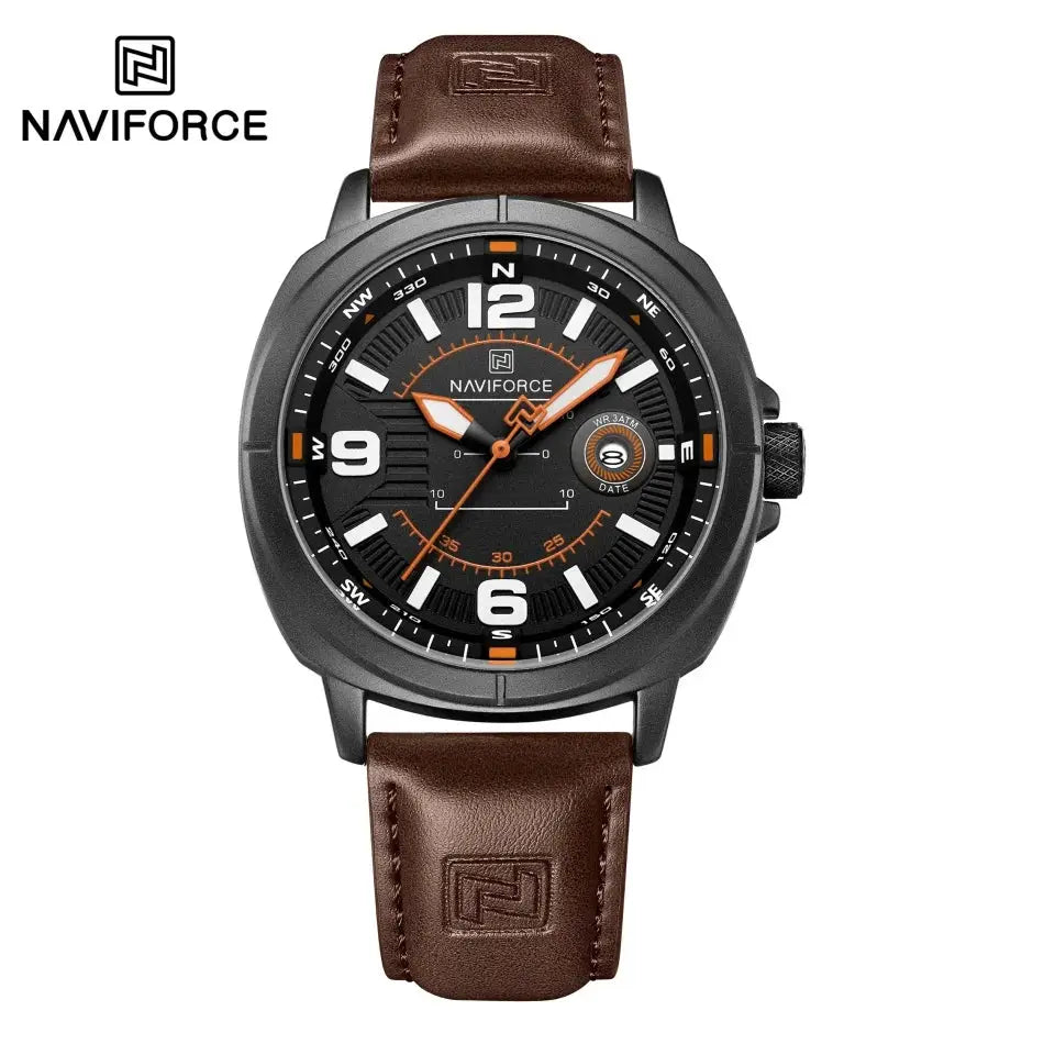 NAVIFORCE men's quartz watch with brown PU strap, black dial, calendar date display, orange accents