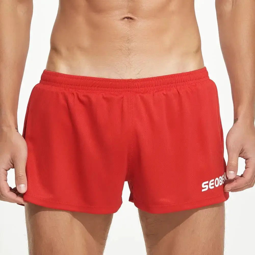 SEOBEAN men's red quick-drying loose gym shorts with breathable fabric and SEOBEAN logo on the hem.