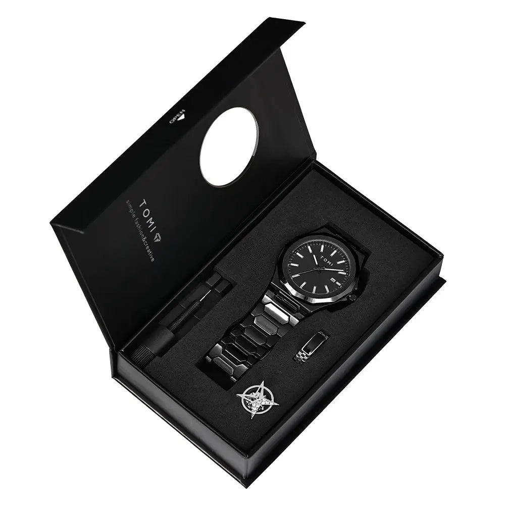 TOMI Luxury Mens Quartz Watch Gift Box Set Rose Gold Case Minimalist Numberless Dial With Calendar Feature