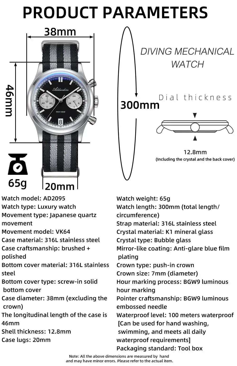 Addiesdive men's chronograph watch with black dial, two subdials, stainless steel case and striped fabric strap