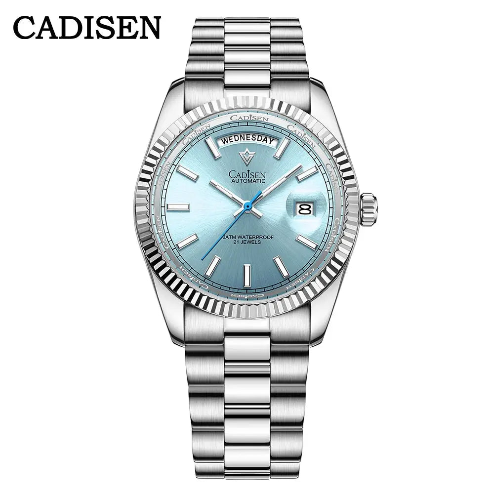 CADISEN DD40 men's automatic watch with blue dial, stainless steel bracelet and day-date window