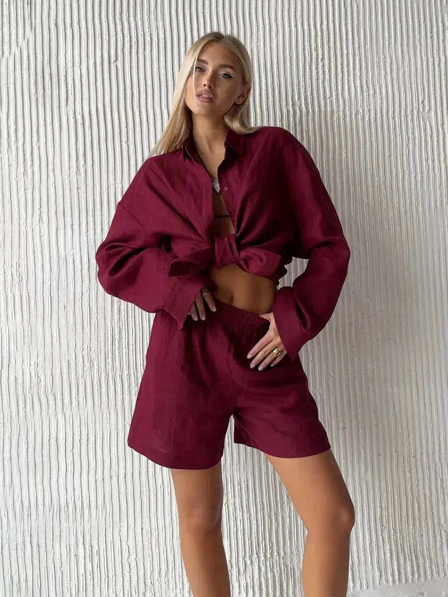 Women Cotton Casual Pants Set Solid Color Lapel Shirt Elastic Waist