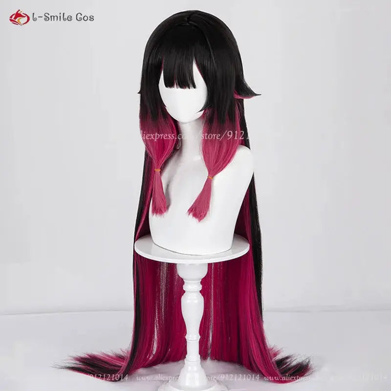 Columbina cosplay wig with long black-to-pink ombré hair and twin front ponytails, heat-resistant synthetic hair, wig cap