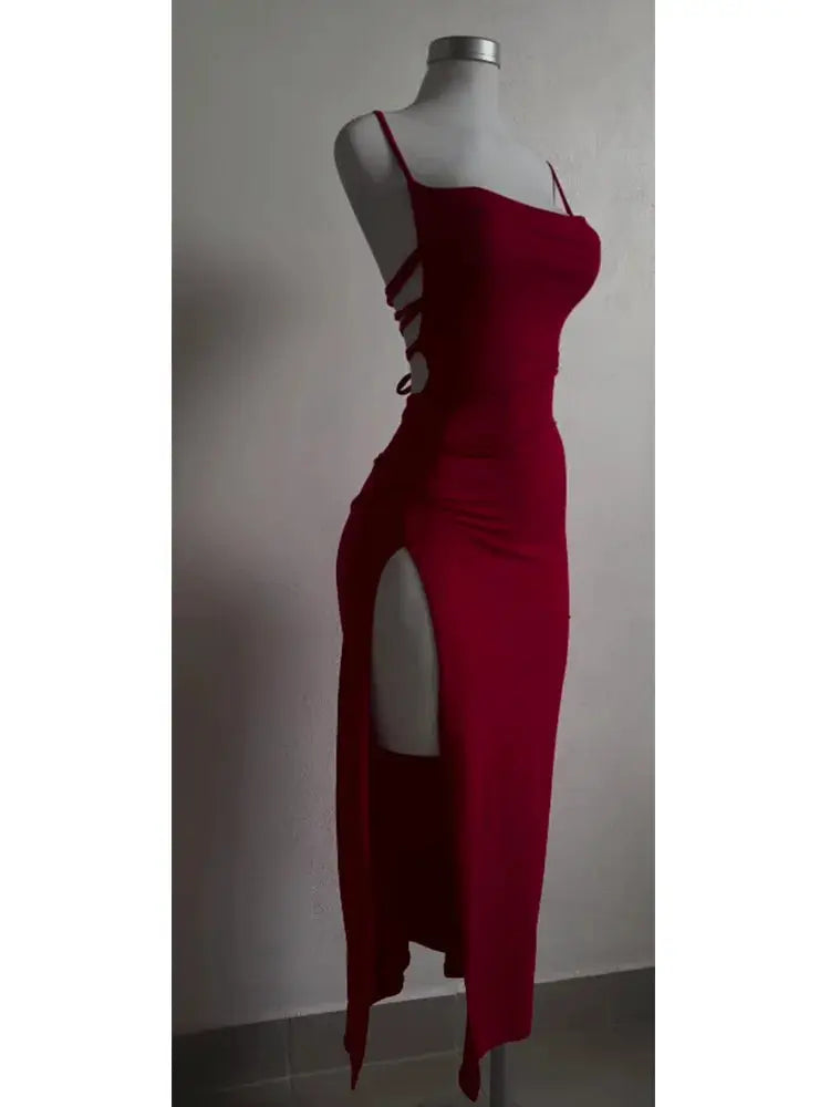 VibeLux Backless Lace Up Maxi Dress Bodycon Fit With Thigh High Split For Party Ready Look