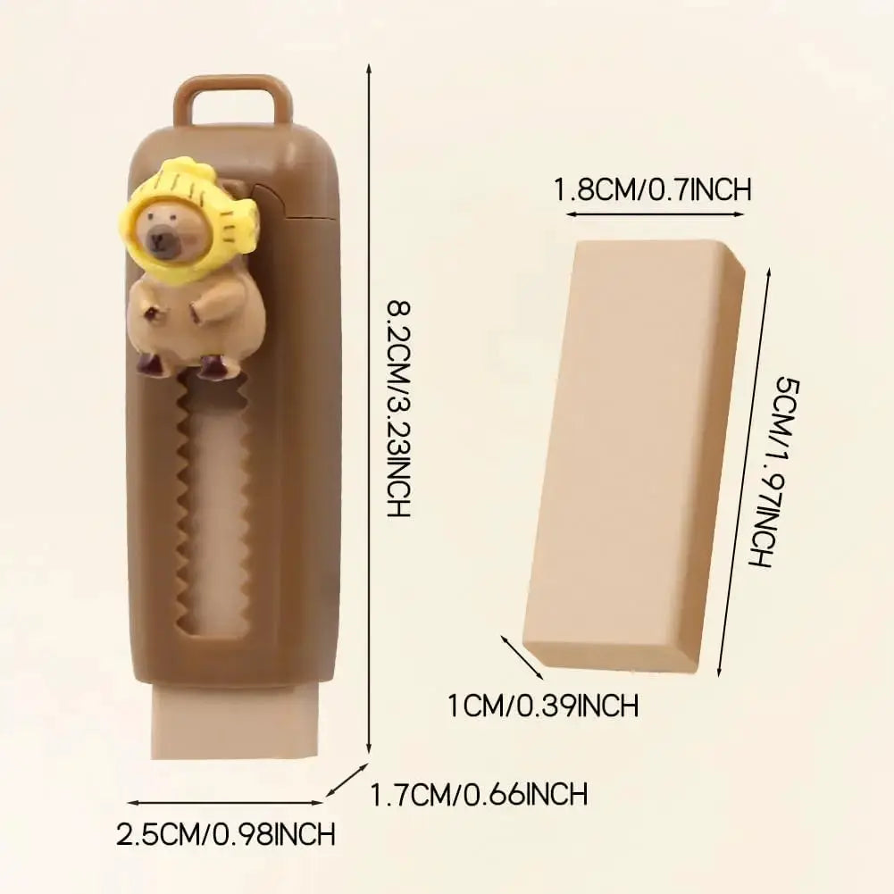 Capybara erasers set: brown retractable eraser with capybara figure on top plus beige brick eraser