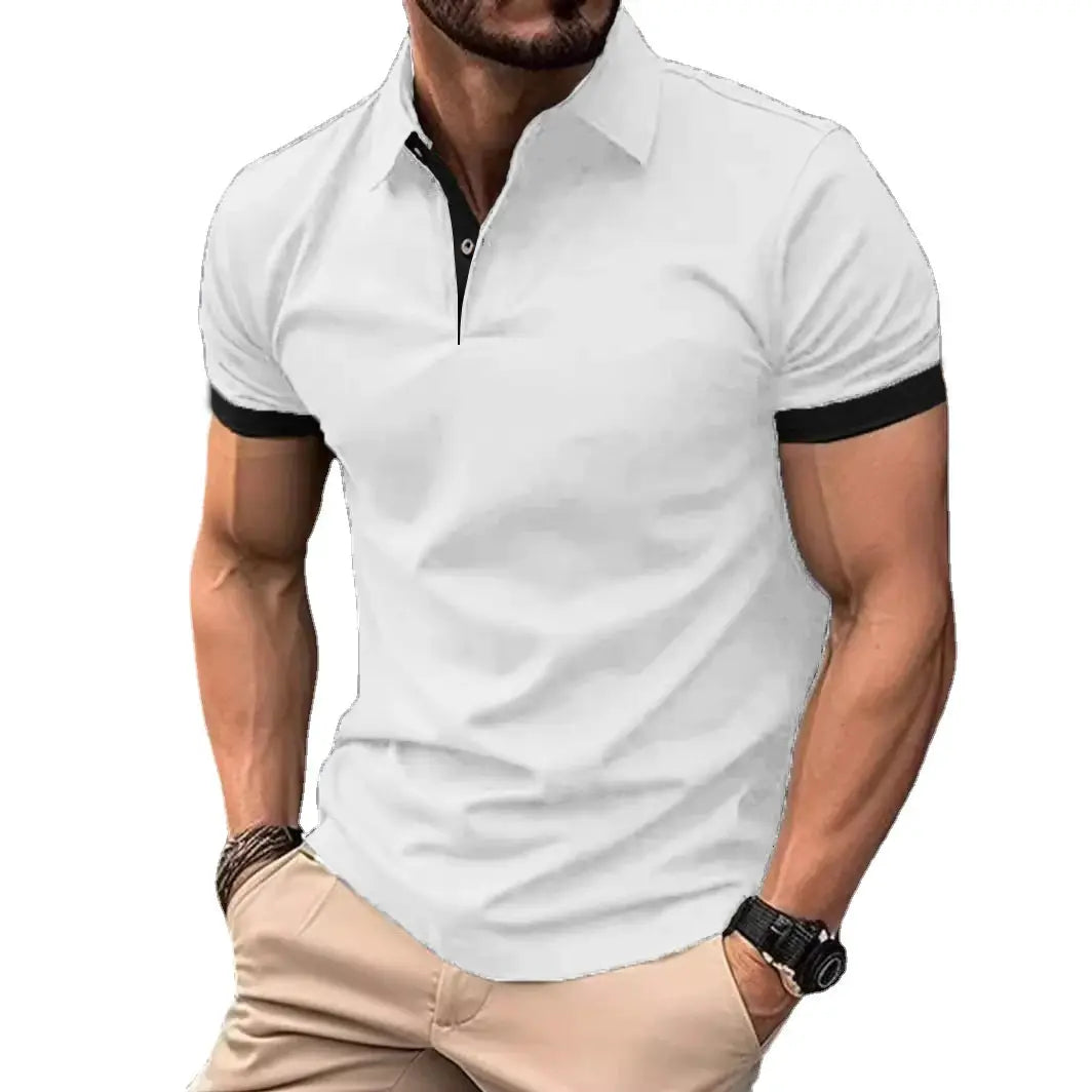 Men's white polo shirt with black contrast collar and cuffs, short sleeves, lightweight casual top