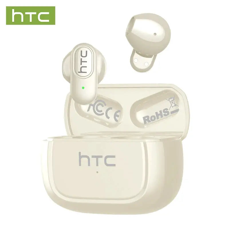 HTC NE51 wireless TWS mini earbuds with charging case; white/cream earbuds, Simples Market