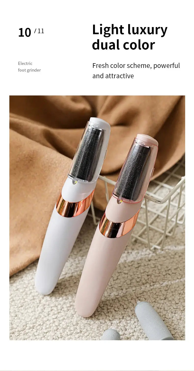 Electric foot grinders set; dual-color white and blush pink with rose-gold accents, two units shown.