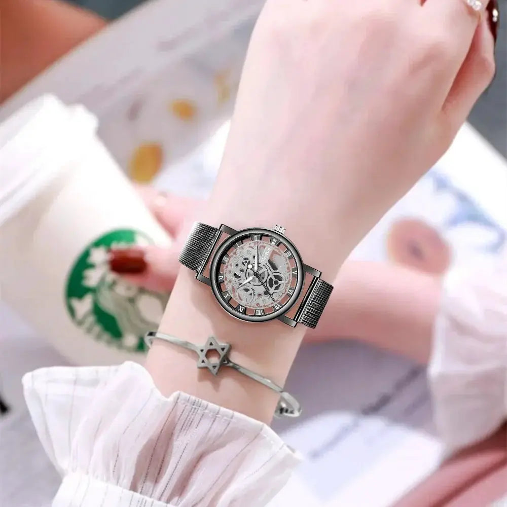 Women's hollow skeleton faux mechanical fashion watch with silver mesh band by Simples Market