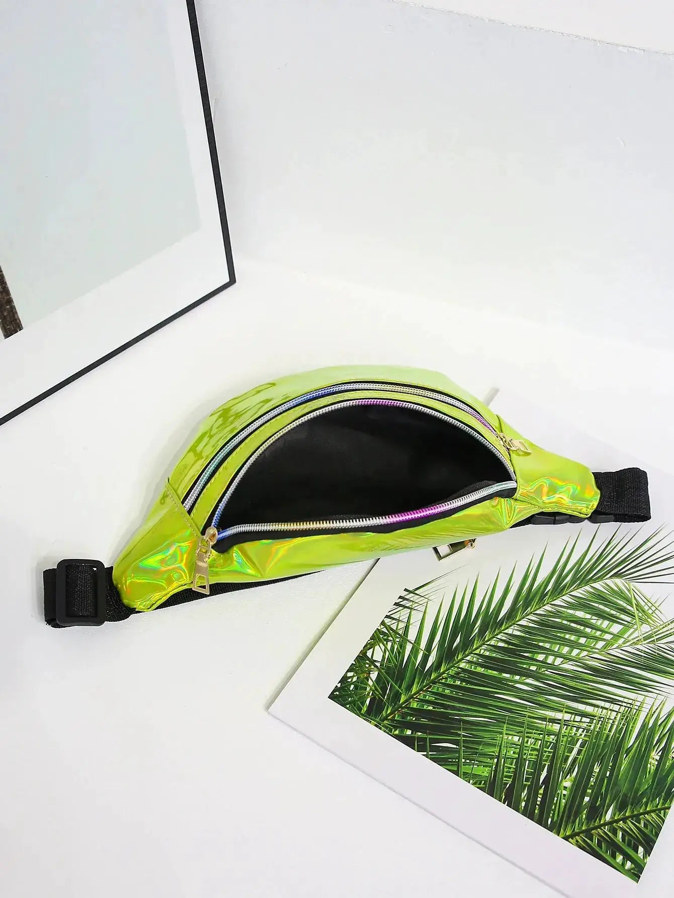 Waist bag Simples Market holographic lime green belt bag with black strap and colorful zippers