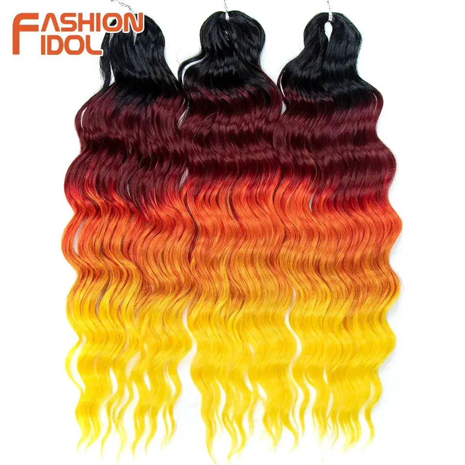 Anna Hair synthetic loose water wave braiding extensions, 24in, ombre black–red–orange–yellow, 3 bundles, Fashion Idol
