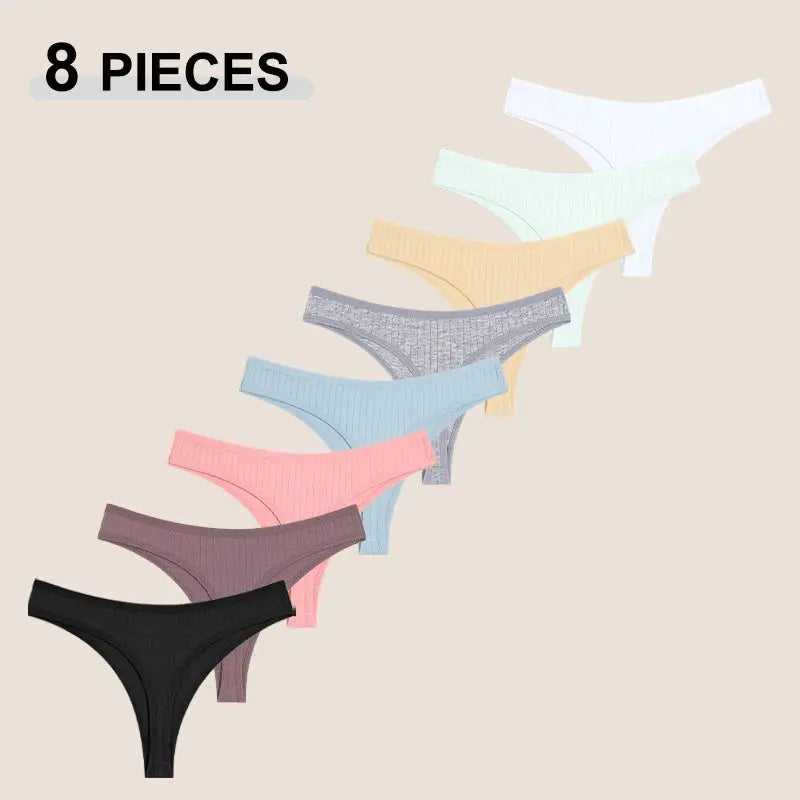8-piece set of cotton seamless women's thongs in assorted colors; low-rise, breathable underwear