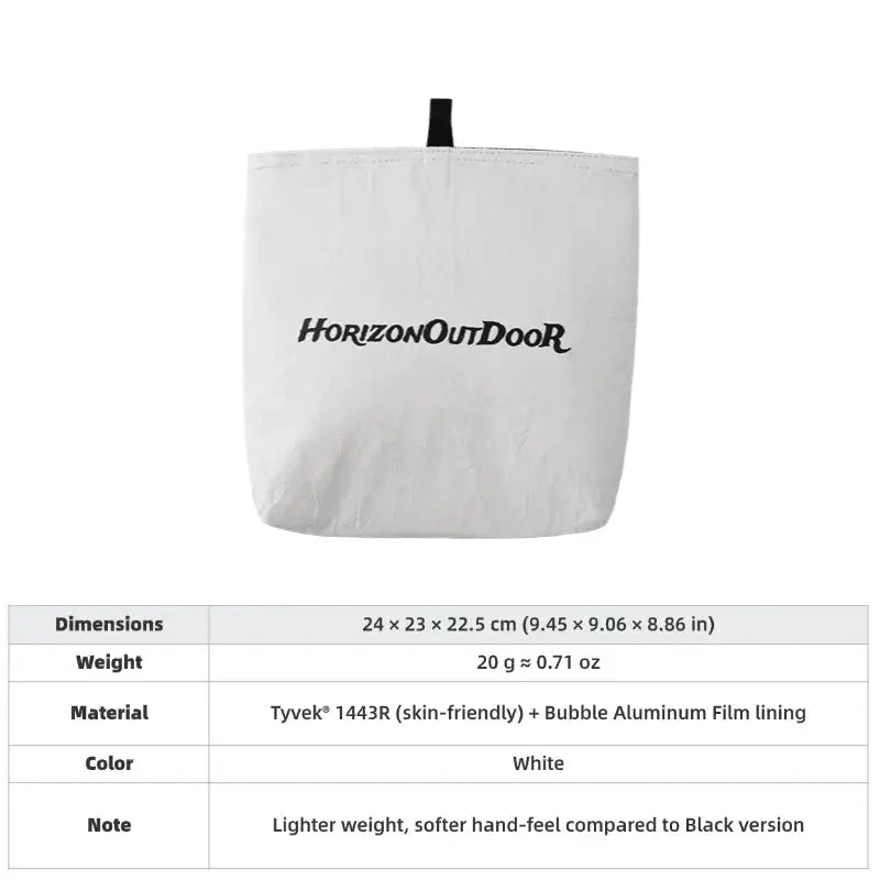 HorizonOutdoor white Tyvek insulated food pouch with logo; ultralight, tear-resistant camping gear.