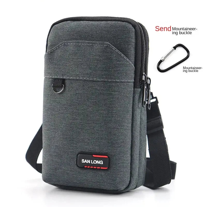 Men's waterproof tactical waist pack in dark gray with crossbody strap and phone pouch; SAN LONG logo
